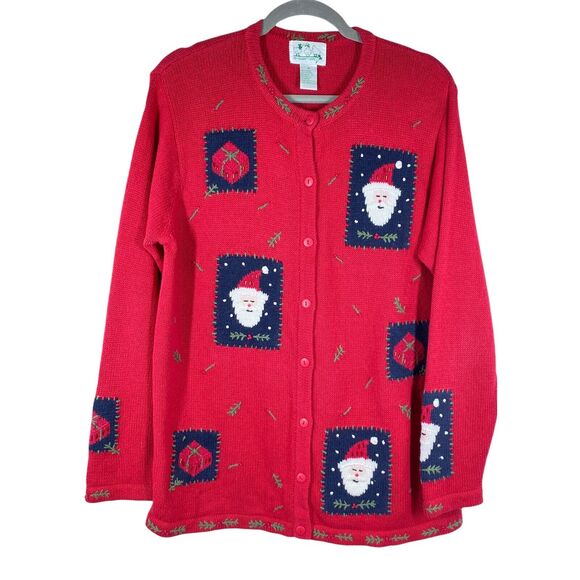 The Quacker Factory Womens Red Santa Christmas Button Up Cardigan Sweater Sz M - Picture 1 of 10